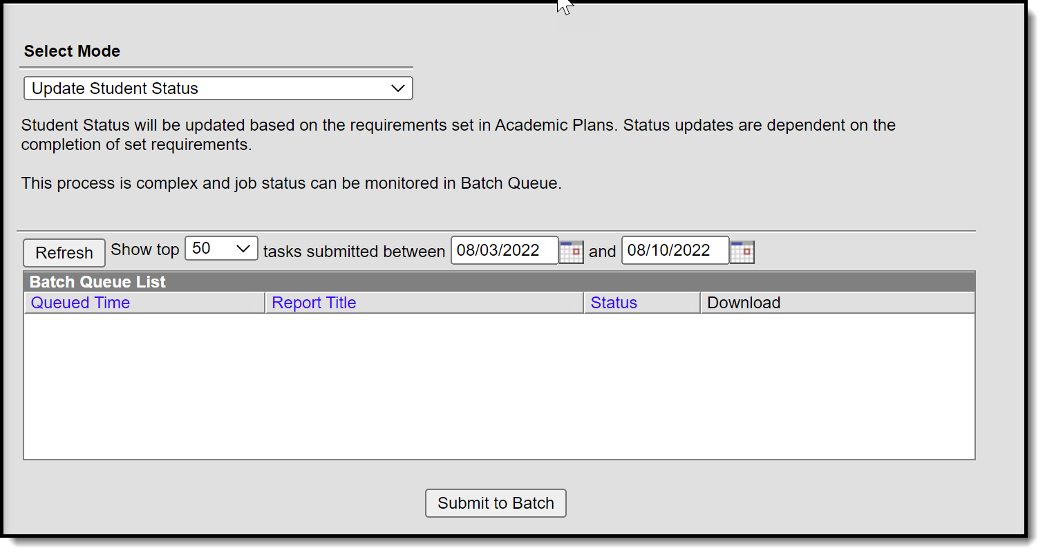 Screenshot of the tool with a mode of Calculated Update Student Status selected. 