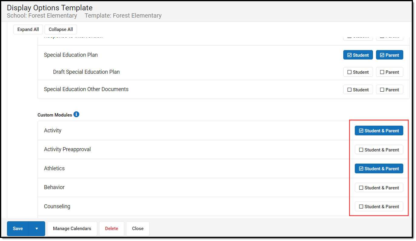 Screenshot of Display Options Template editor, Custom Modules options.
