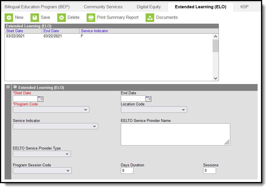 Screenshot of Extended Learning (ELO) tool.