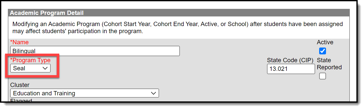 Screenshot of an Academic Program with the Program Type field highlighted and a type of Seal selected.  