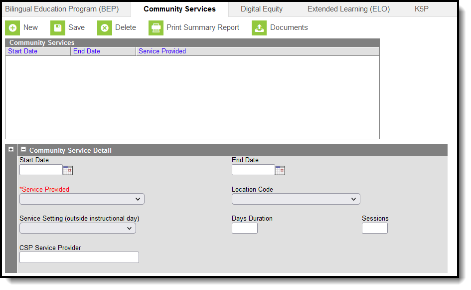 Screenshot of Community Services tool.