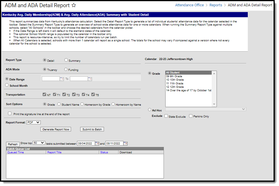 Screenshot of the ADM and ADA Detail report editor. 