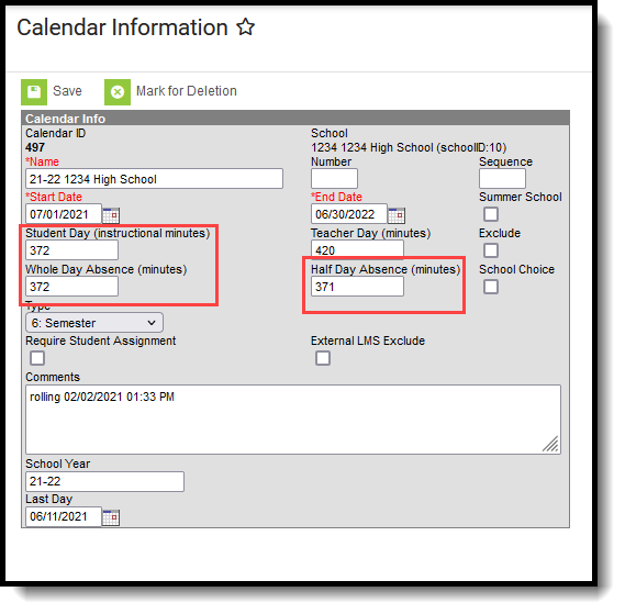 Screenshot of the Calendar Minutes values