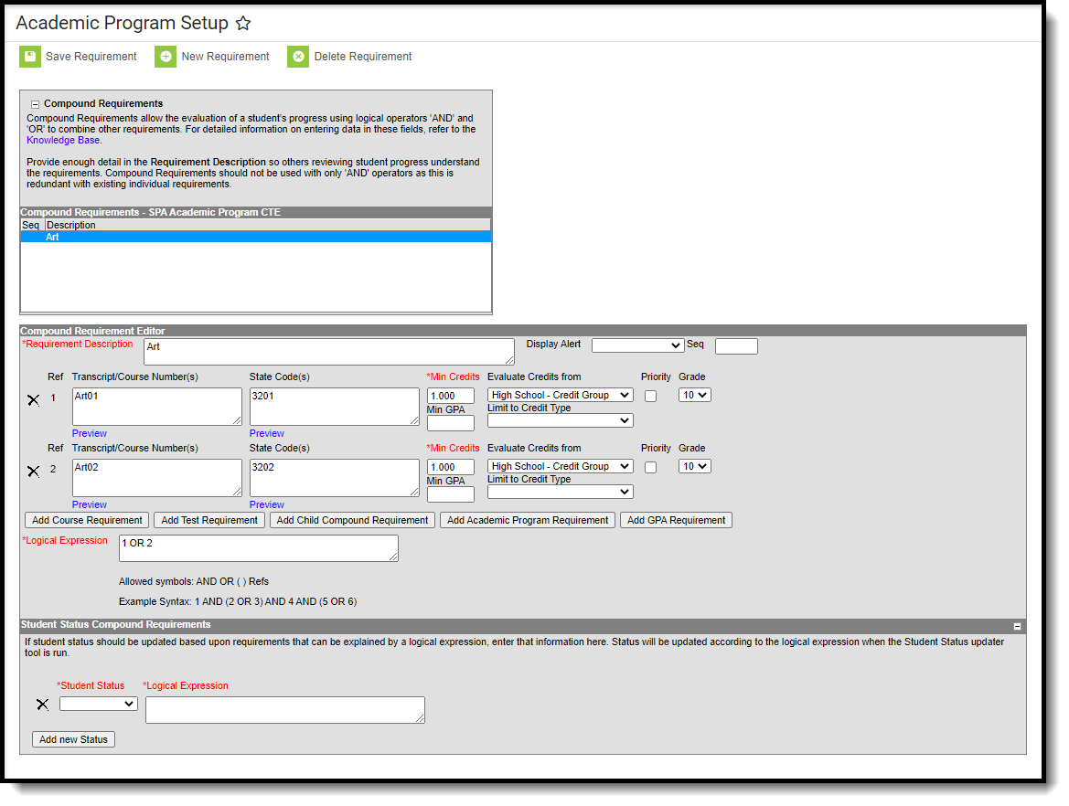Screenshot showing how to set up compound requirements in the compound requirement editor.