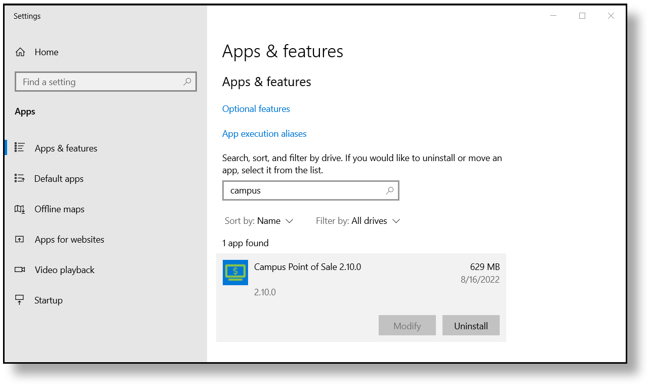 Screenshot of Apps & features in Windows Settings.