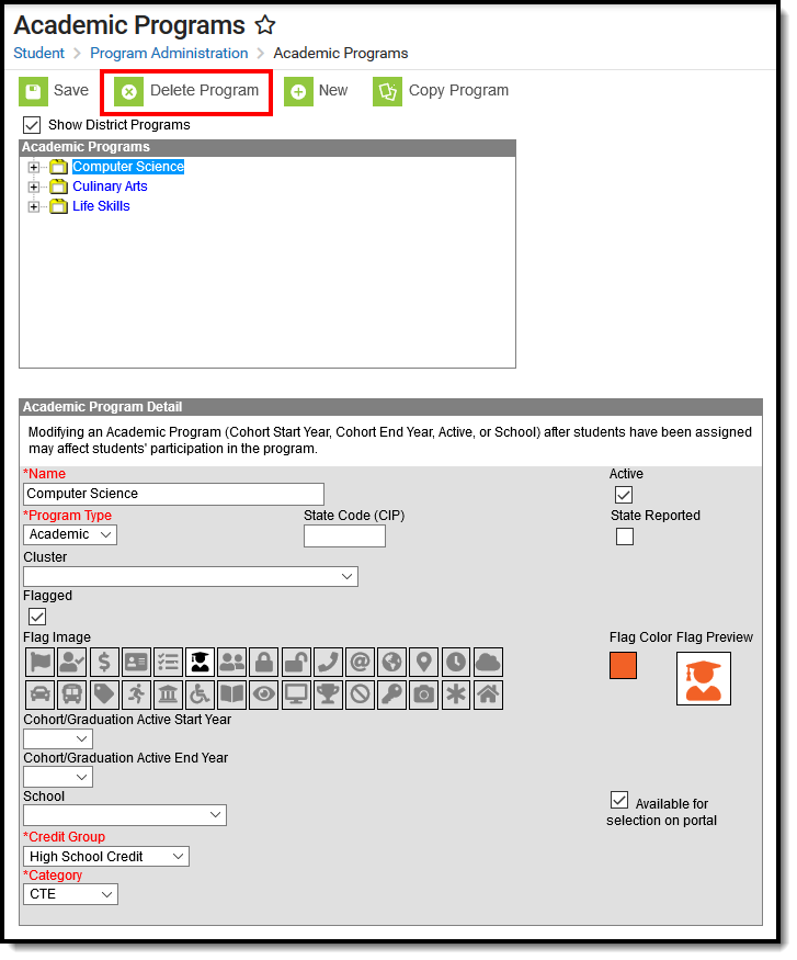 Screenshot showing the Delete Program button highlighted, along with the Academic Program Detail of the Computer Science academic program that is selected for deletion.