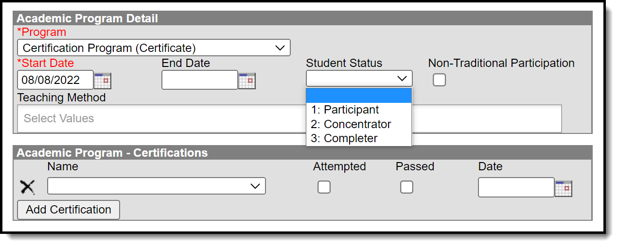 Screenshot showing how status updated for student looks in the Programs tool in Academic Program Detail.
