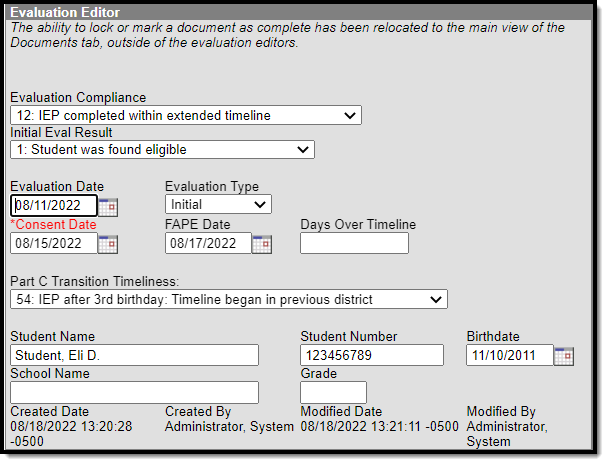 Screenshot of the Evaluation Header editor of an Eval. 