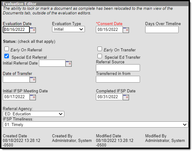 Screenshot of the Evaluation Header editor of an Individual Family Service Plan.