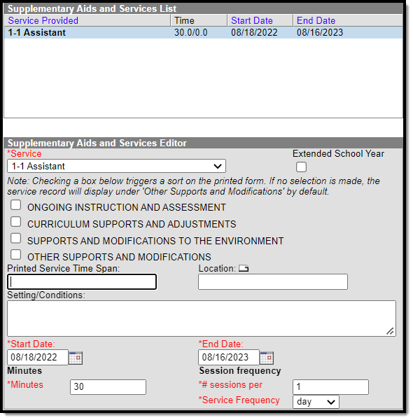 Screenshot of the Supplementary Services editor of the IEP.