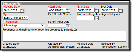 Screenshot of the Education Plan editor of the Outcomes Measures Plan.