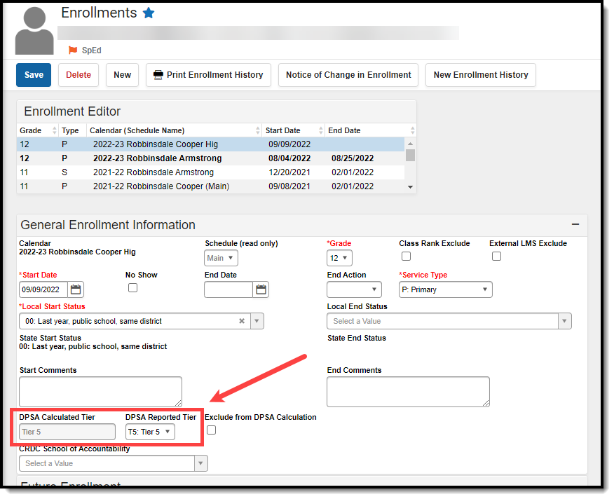 screenshot of the DPSA calculated tier and DPSA Reported Tier fields highlighted on an enrollment record