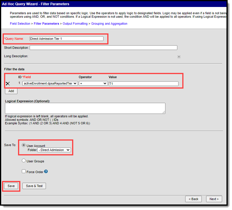 screenshot of filter parameters for direct admission tier 1