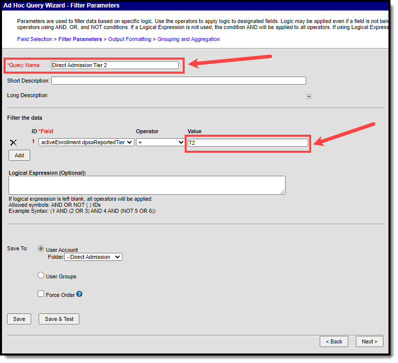 screenshot of filter parameters for direct admission tier 2