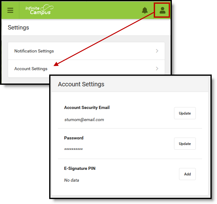screenshot of accessing account settings withing the student and parent portals