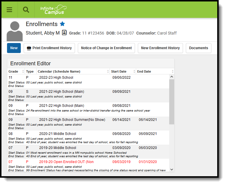 Screenshot of the student Enrollments tool.