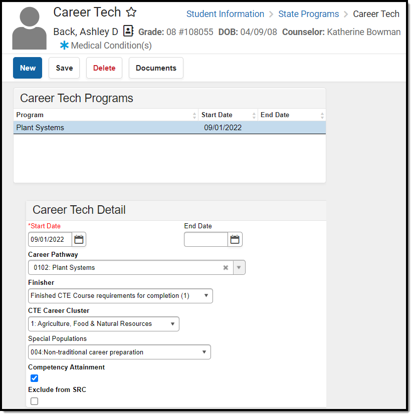 Screenshot of the Career Tech Detail fields.