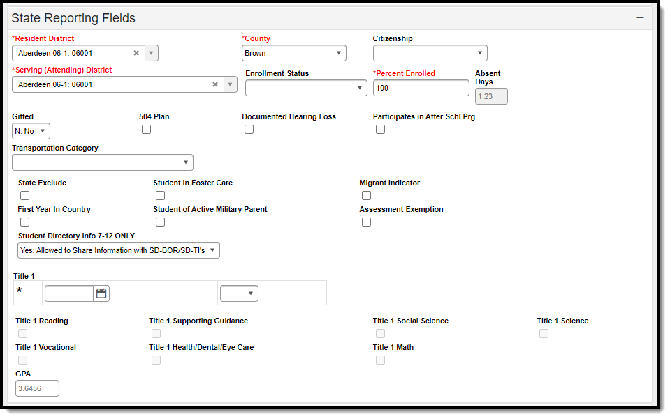 Screenshot of the State Reporting Fields editor