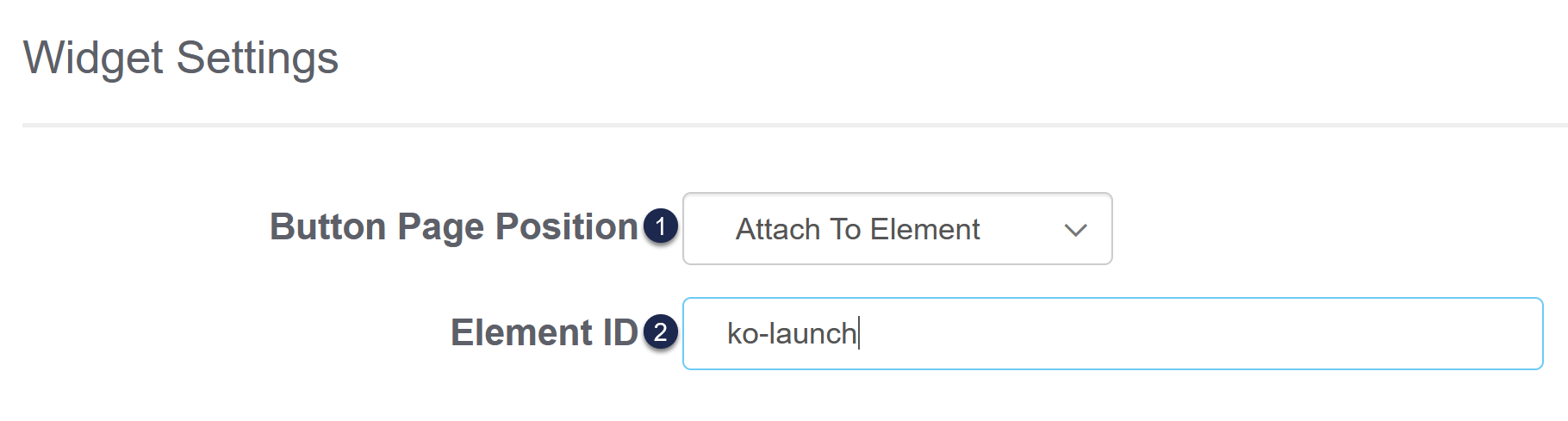 Screenshot showing the Widget Settings with Page Position selected as Attach To Element and an Element ID of ko-launch