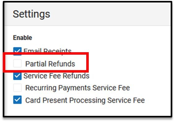 Screenshot of an unchecked Partial refunds checkbox