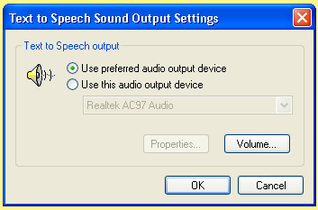 Text to Speech Sound Output settings showing Use preferred audio output device selected