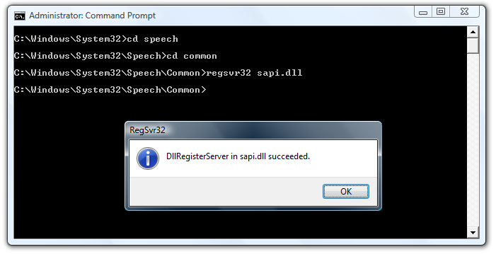 Command prompt window showing RegSvr32 successful message