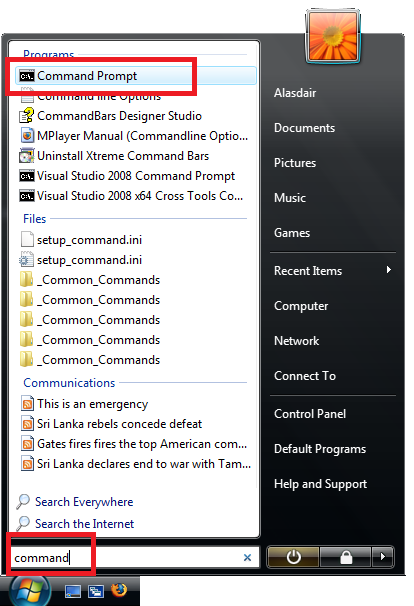 The Vista Start menu showing Command prompt as one of the options.