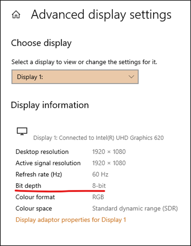 Advanced Display Settings showing Bit Depth underlined