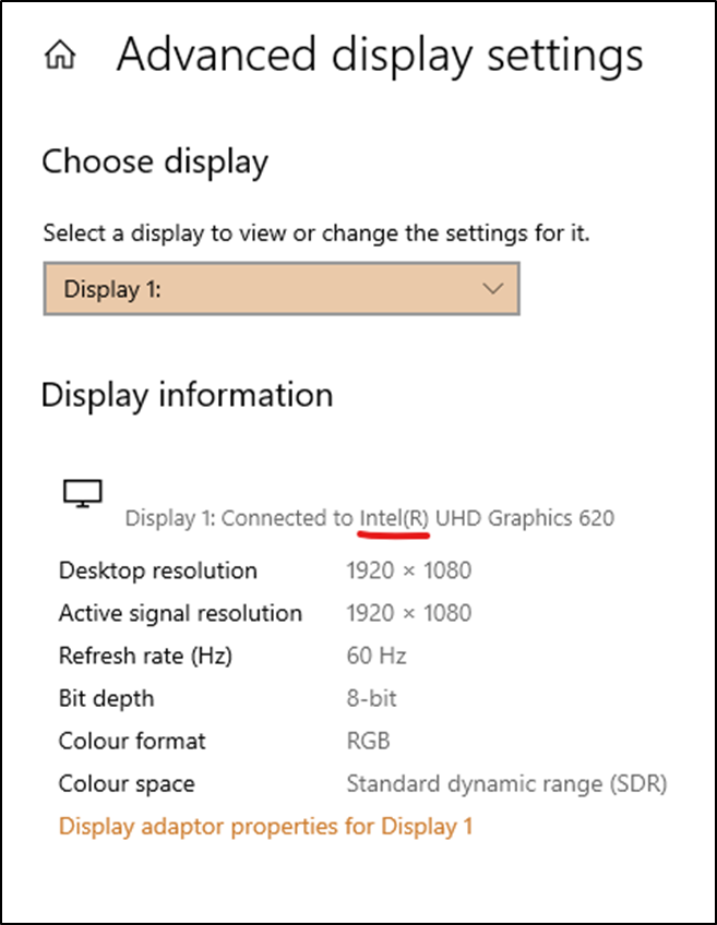 Advanced Display Settings showing the graphic adapter manufacturer underlined