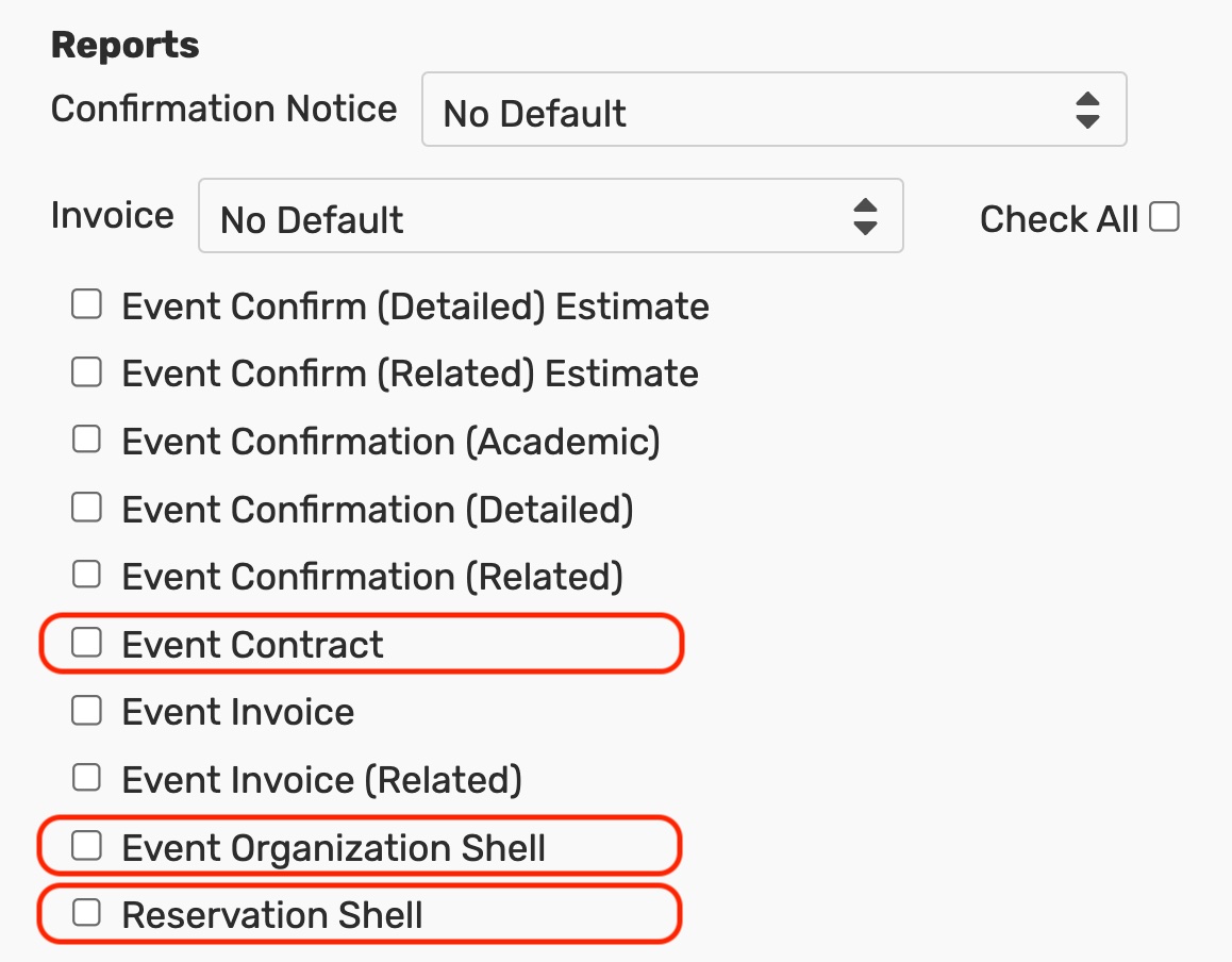 Event contract, event organization shell, and reservation shell report checkboxes on the event type configuration page