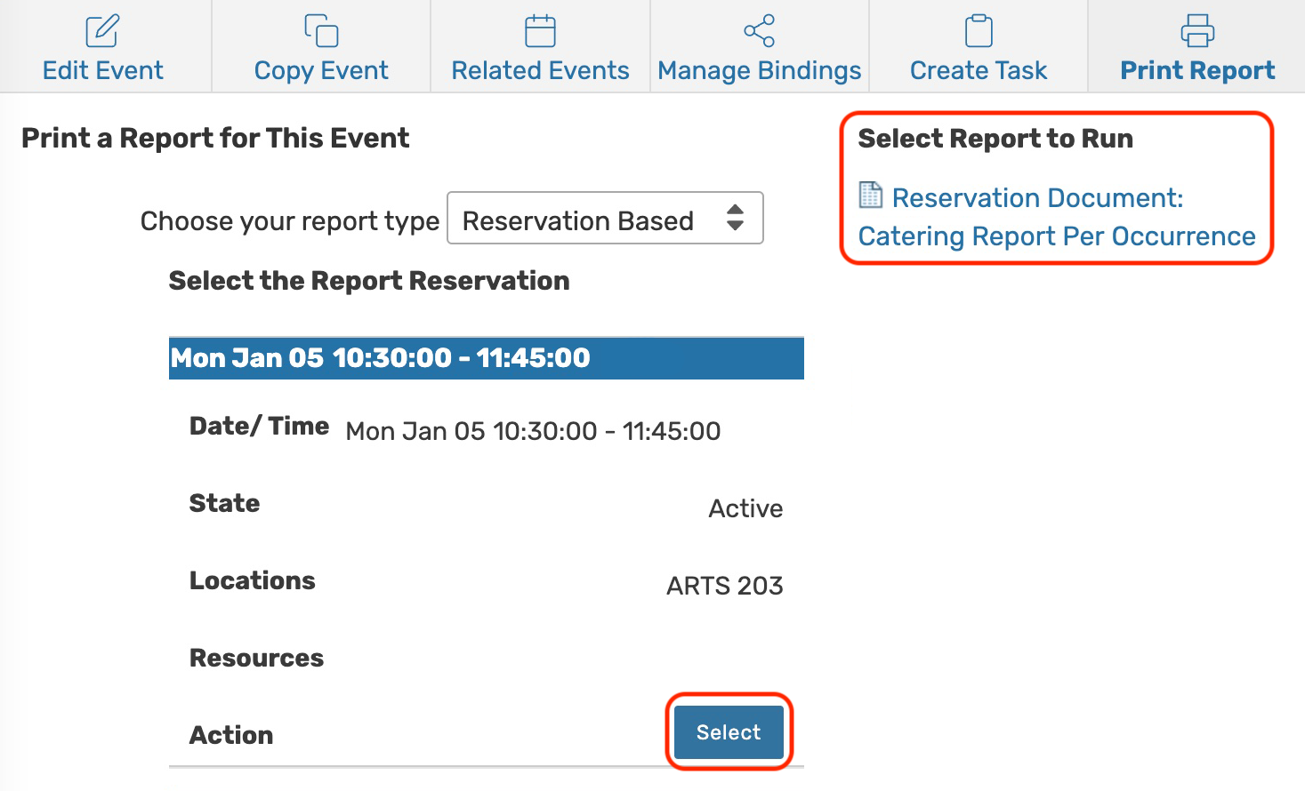 Reservation select button and select report to run options