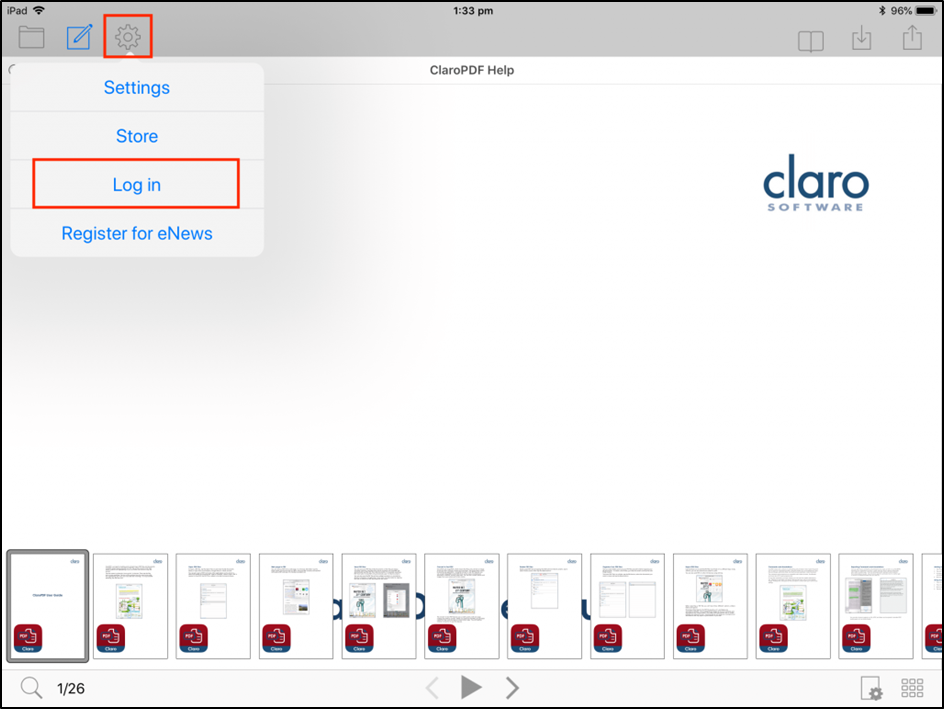 ClaroPDf with settings>log in highlighted