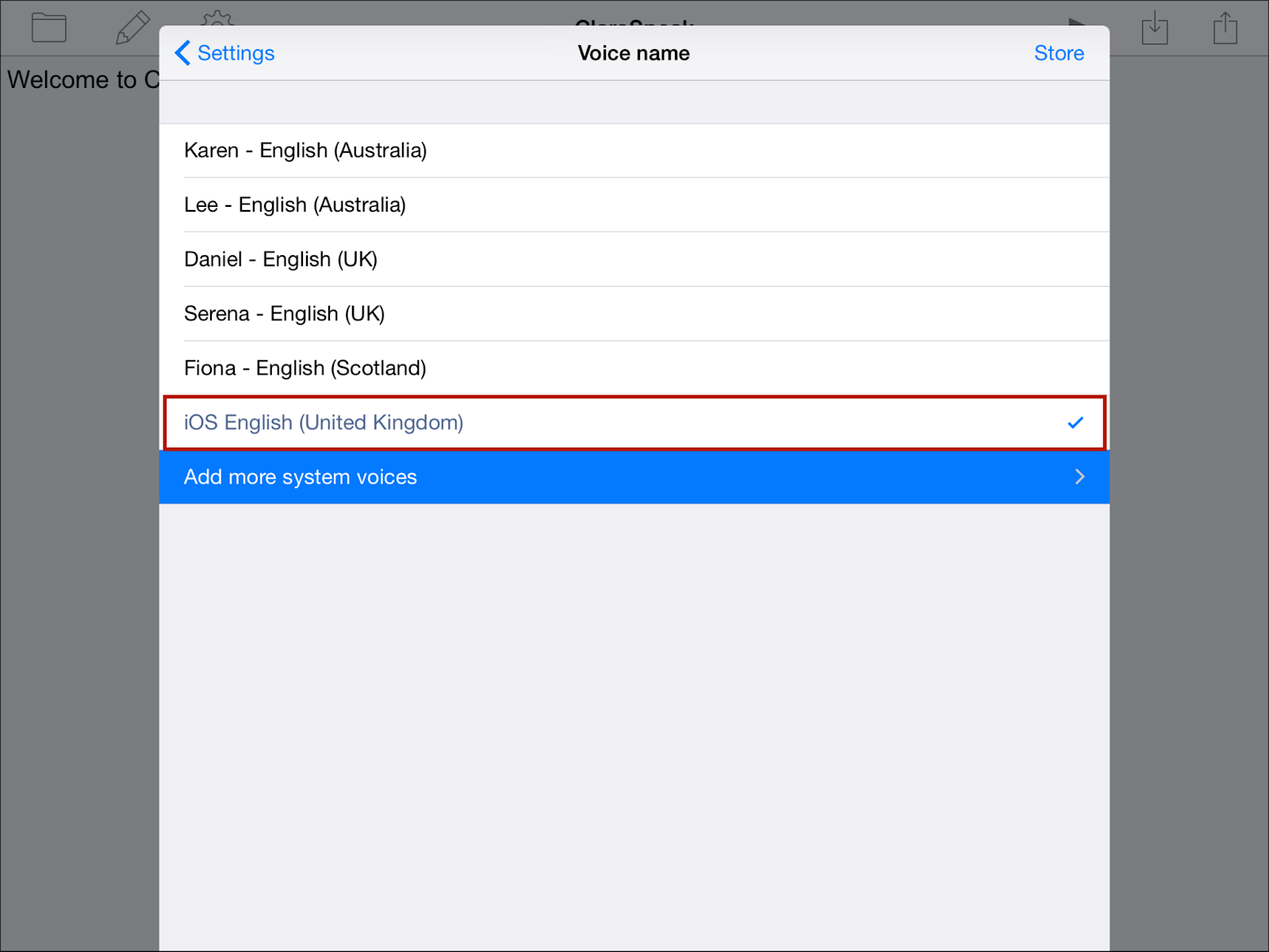 iOS voice name menu with iOS English highlighted