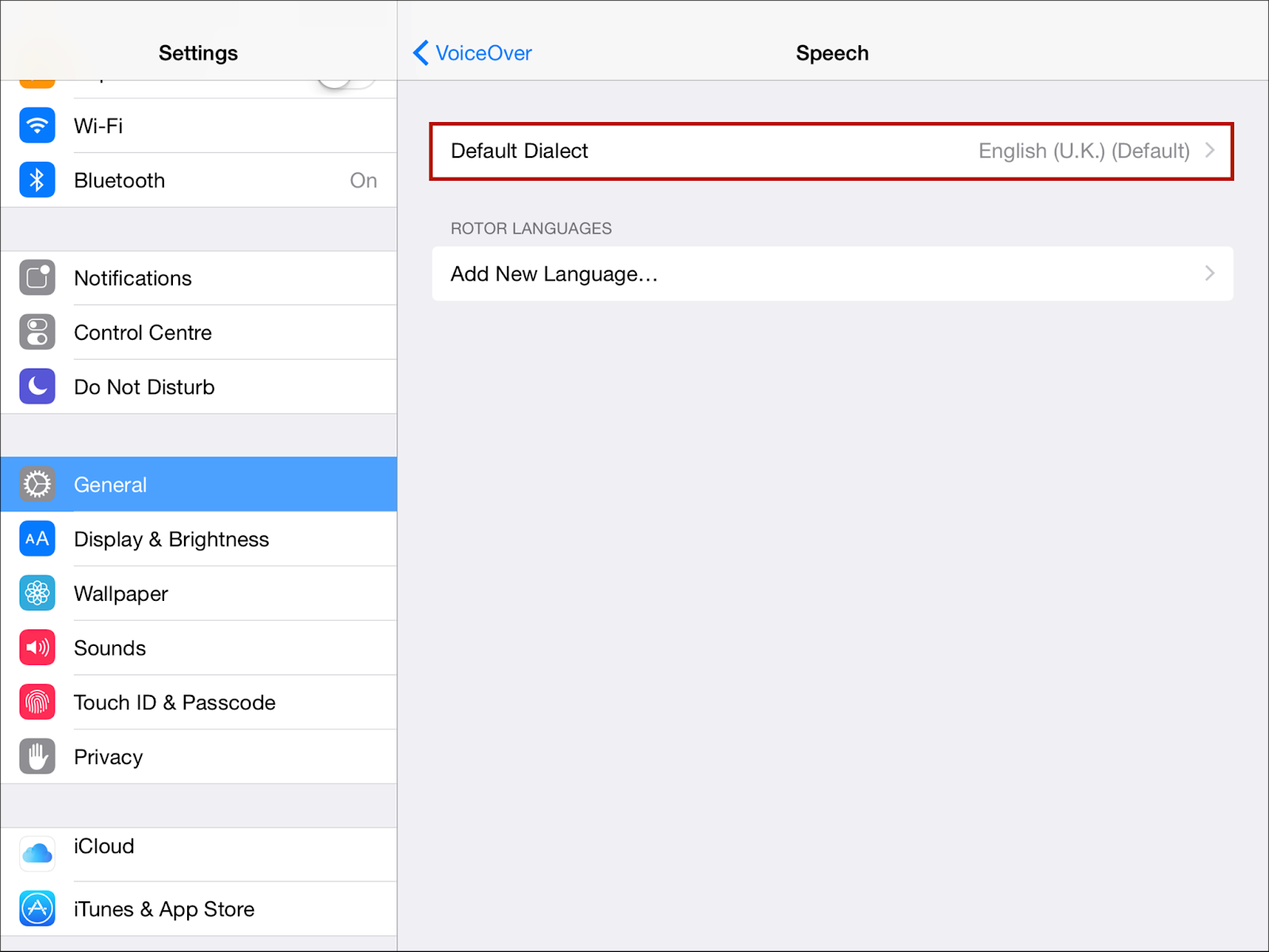 iOS settings page with general selected and default dialect highlighted