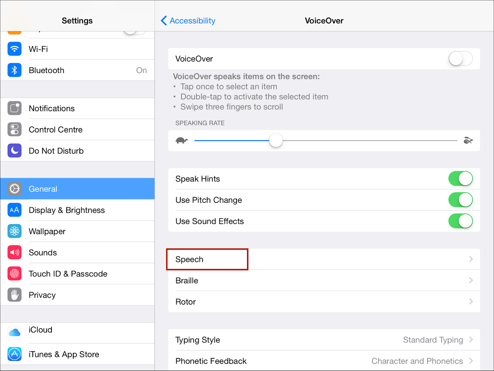 iOS settings page with general selected and speech highlighted