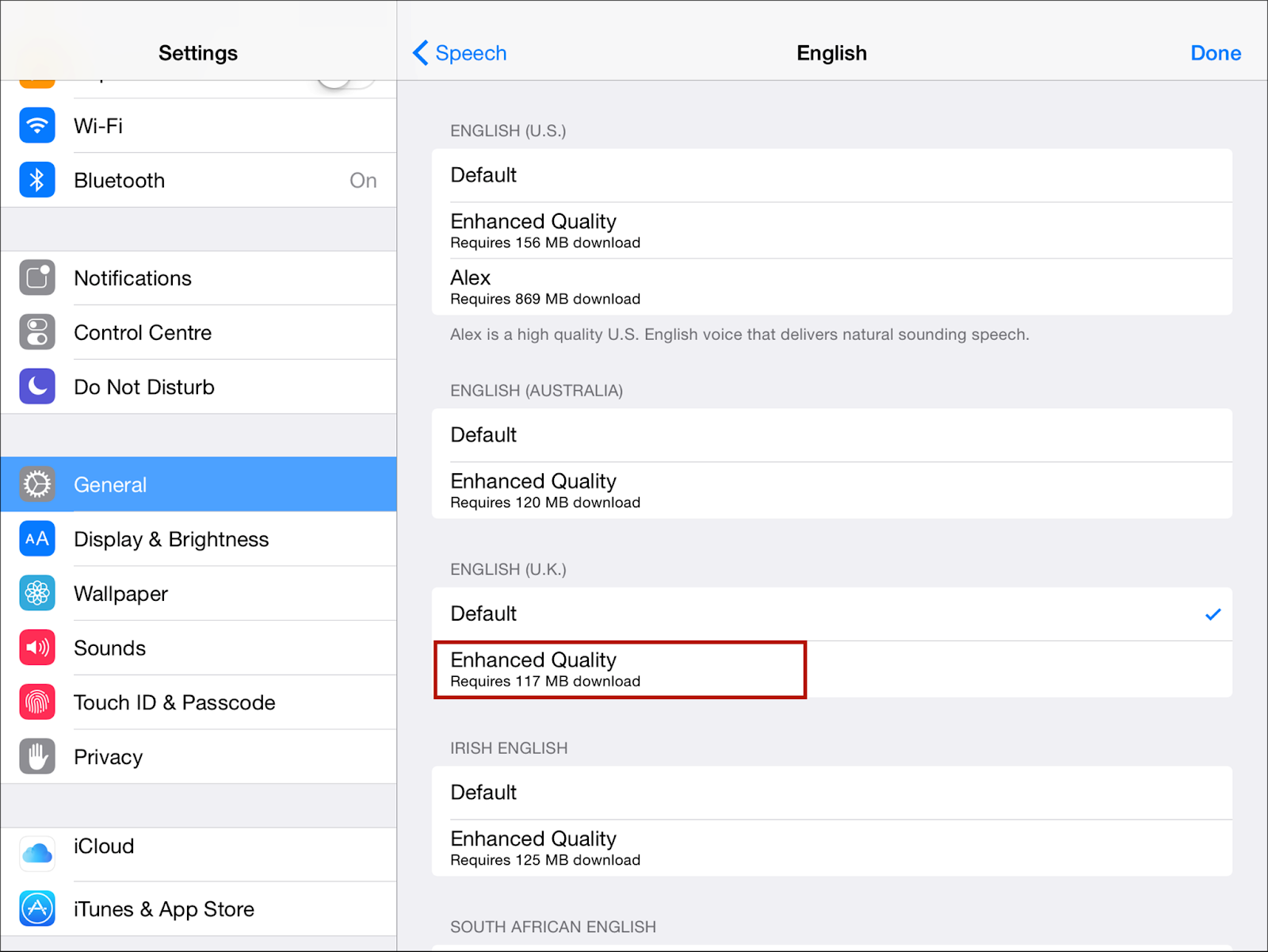 iOS settings page with general selected and Enhanced quality highlighted