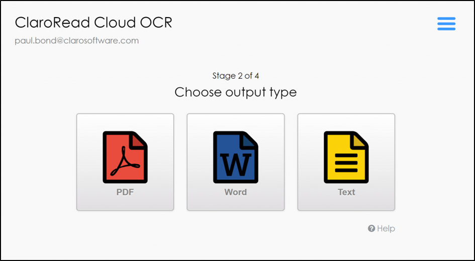 claroread cloud ocr showing output options 
