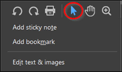 right click menu in adobe reader highlighting the selection tool