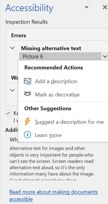 Screen shot of Accessibility pane with an issue highlighted and Recommended Actions for it shown