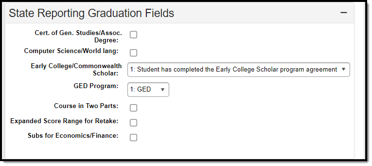 Screenshot of the state reporting graduation fields.