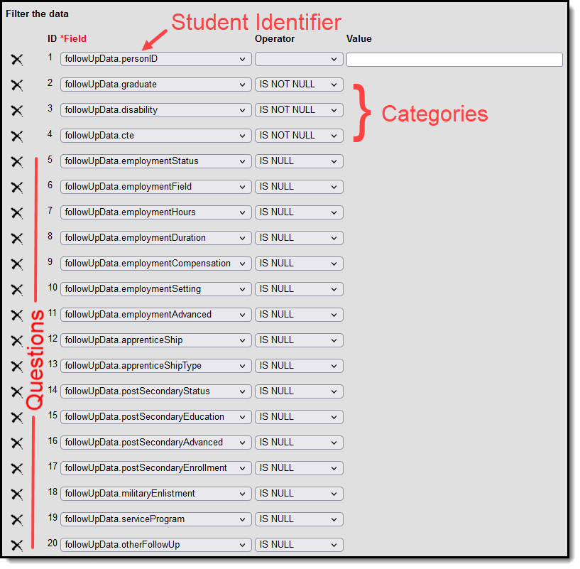 Screenshot of parameters page of an Ad hoc filter with the student identifier, categories, and questions fields set as described in the instructions above.  
