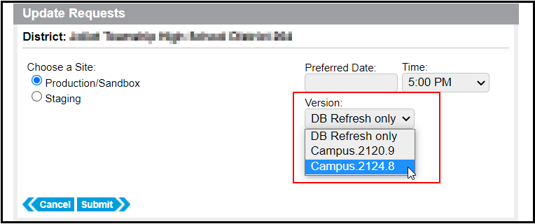 Screenshot of the Update Requests tool with the Version dropdown open. Campus version 2124.8 is selected.