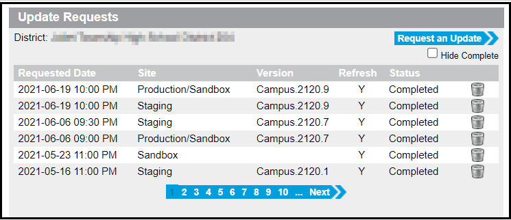 Screenshot of the Update Requests tool displaying a list of all update requests with requested date, site, version, and status listed for each line item.