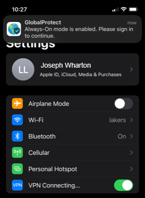 Screenshot of Settings interface with VPN turned on and sign in message at the top.