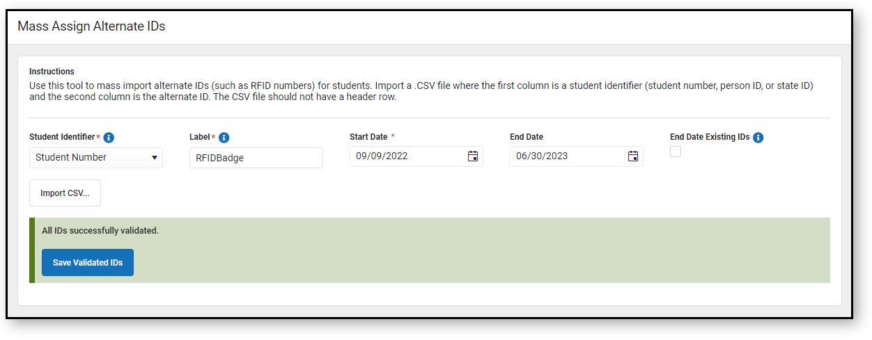 Screenshot image of Mass Assign Alternate ID's showing ID's successfully validated.