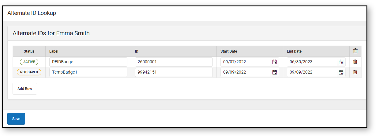 Screenshot of adding a new, temporary Alternate ID for a student. Start and end date for the temporary are the same.