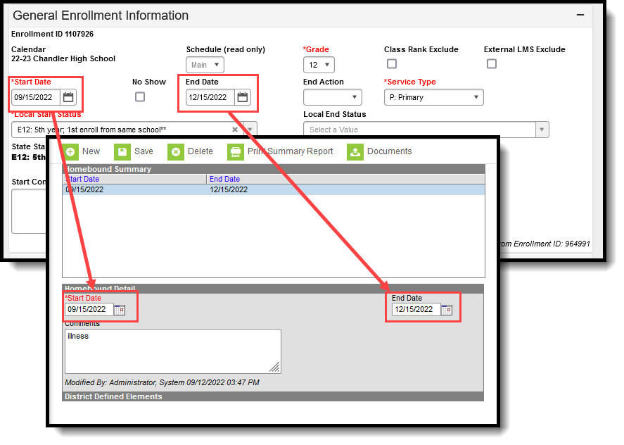 Two-part screenshot showing the Start and End Date fields on the enrollment record with the start and end date fields on the homebound editor. 
