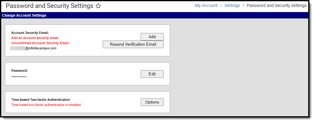 screenshot of the password and security settings screen