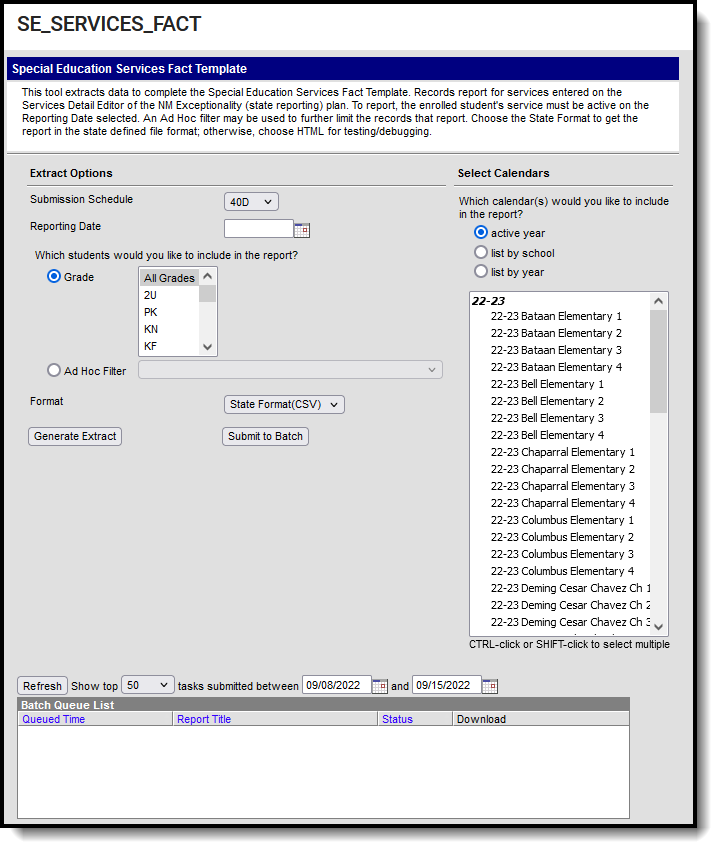 Screenshot of Special Education Services Fact Template Editor.