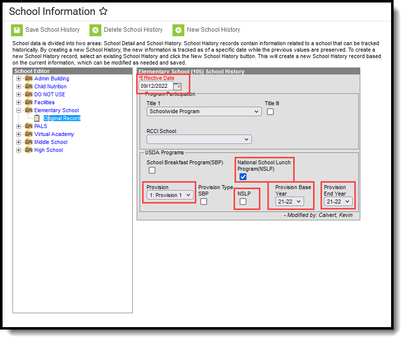 Screenshot of the School Information tool with the relevant fields highlighted.